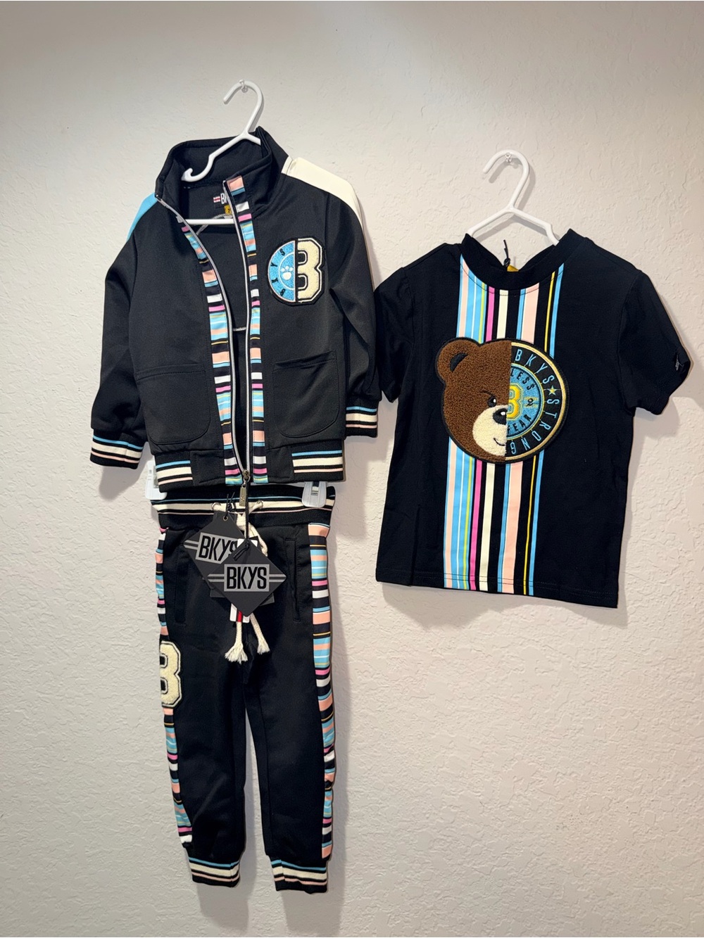 BKYS Boys 3-Piece Tracksuit Set Black Teddy Bear Jacket Pants Shirt 2T NWT